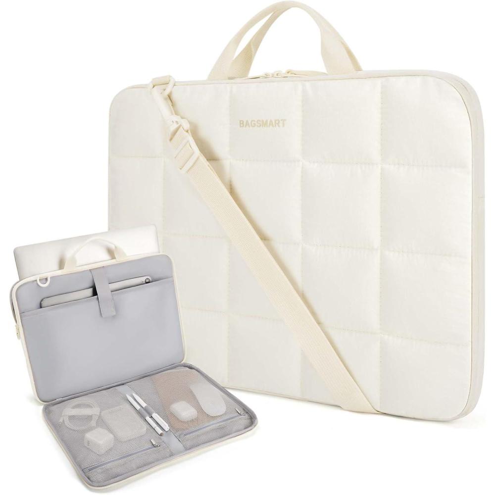 imageBAGSMART 15156 Inch Laptop Case with Strap and Handle Puffy Laptop Sleeve Bag for Women Lightweight Protective MacBook Case Compatible with Dell HP Lenovo MacBook AirPro BeigeWith Strap Beige
