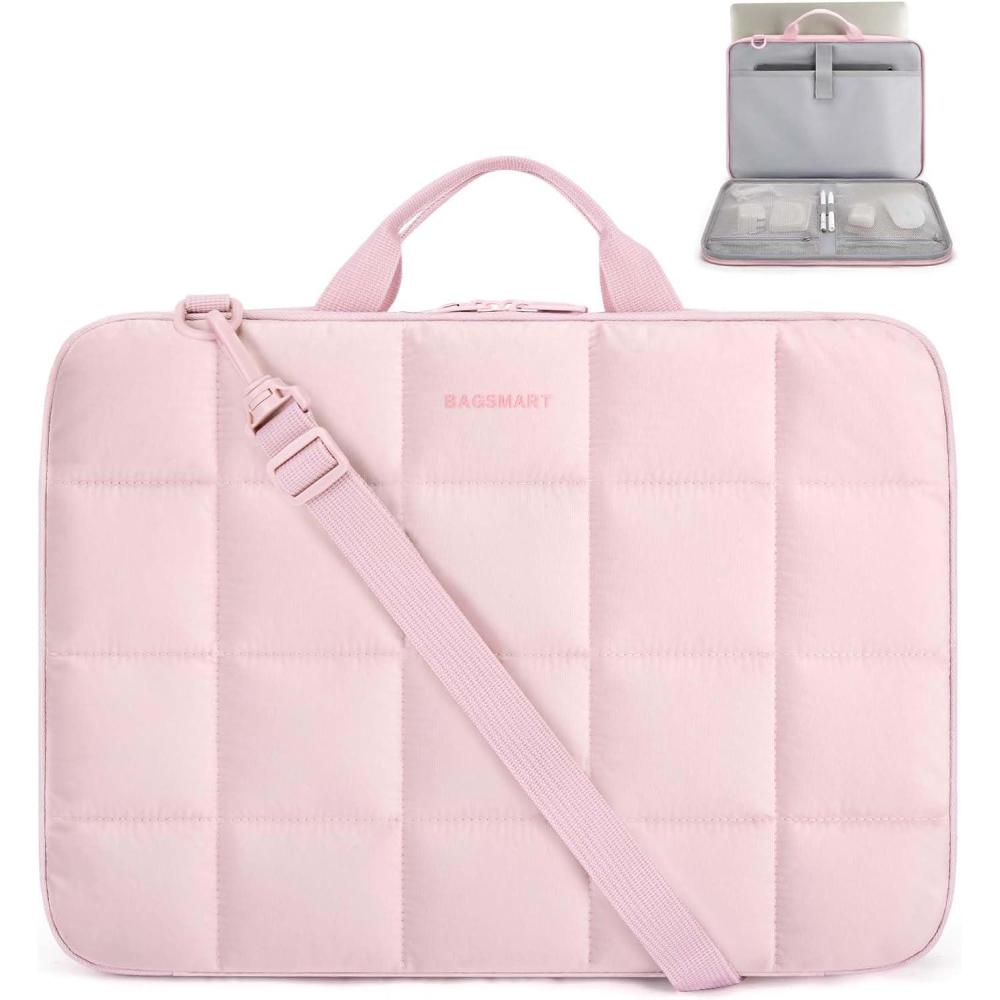 imageBAGSMART 15156 Inch Laptop Case with Strap and Handle Puffy Laptop Sleeve Bag for Women Lightweight Protective MacBook Case Compatible with Dell HP Lenovo MacBook AirPro BeigeWith Strap Baby Pink