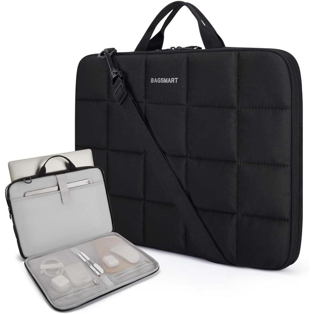 imageBAGSMART 15156 Inch Laptop Case with Strap and Handle Puffy Laptop Sleeve Bag for Women Lightweight Protective MacBook Case Compatible with Dell HP Lenovo MacBook AirPro BeigeWith Strap Rich Black