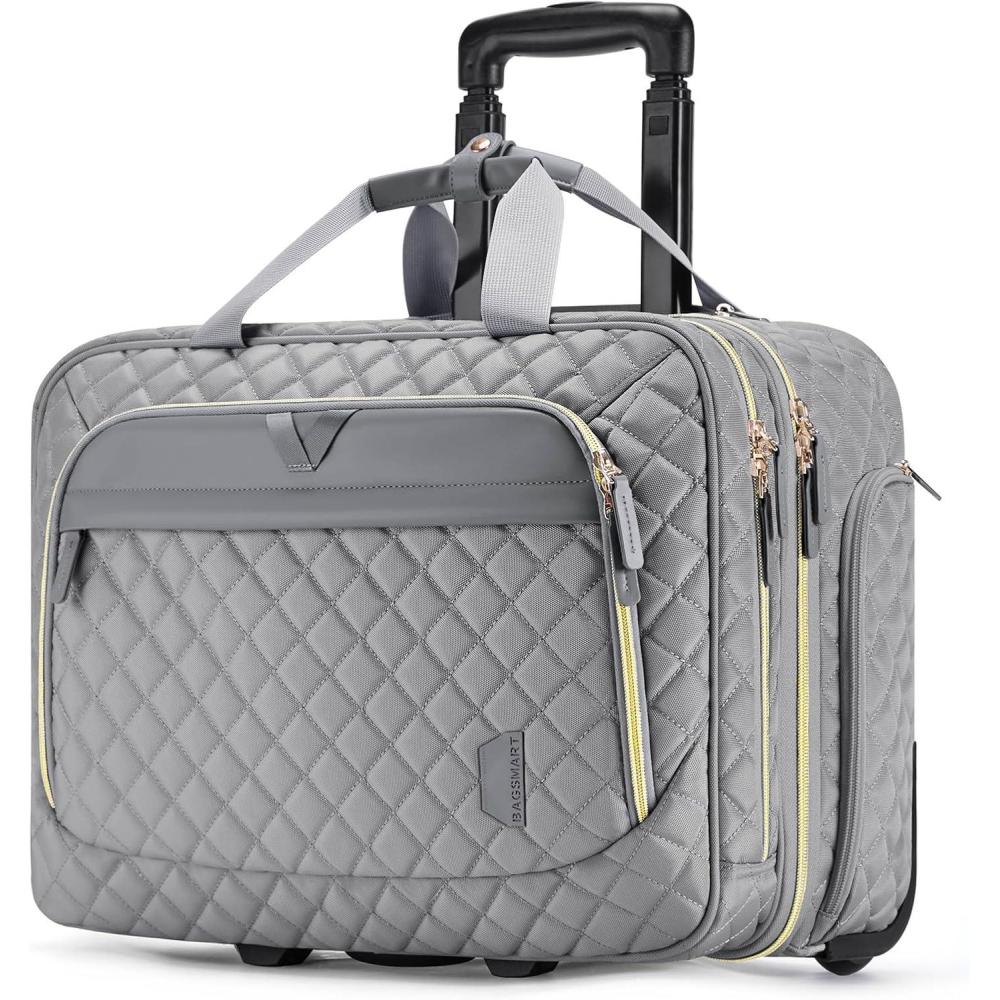 imageBAGSMART 173 Inch Rolling Laptop Bag for Women and Men Briefcase With Wheels Computer Case for Work Travel Business Quilted BlackGrey