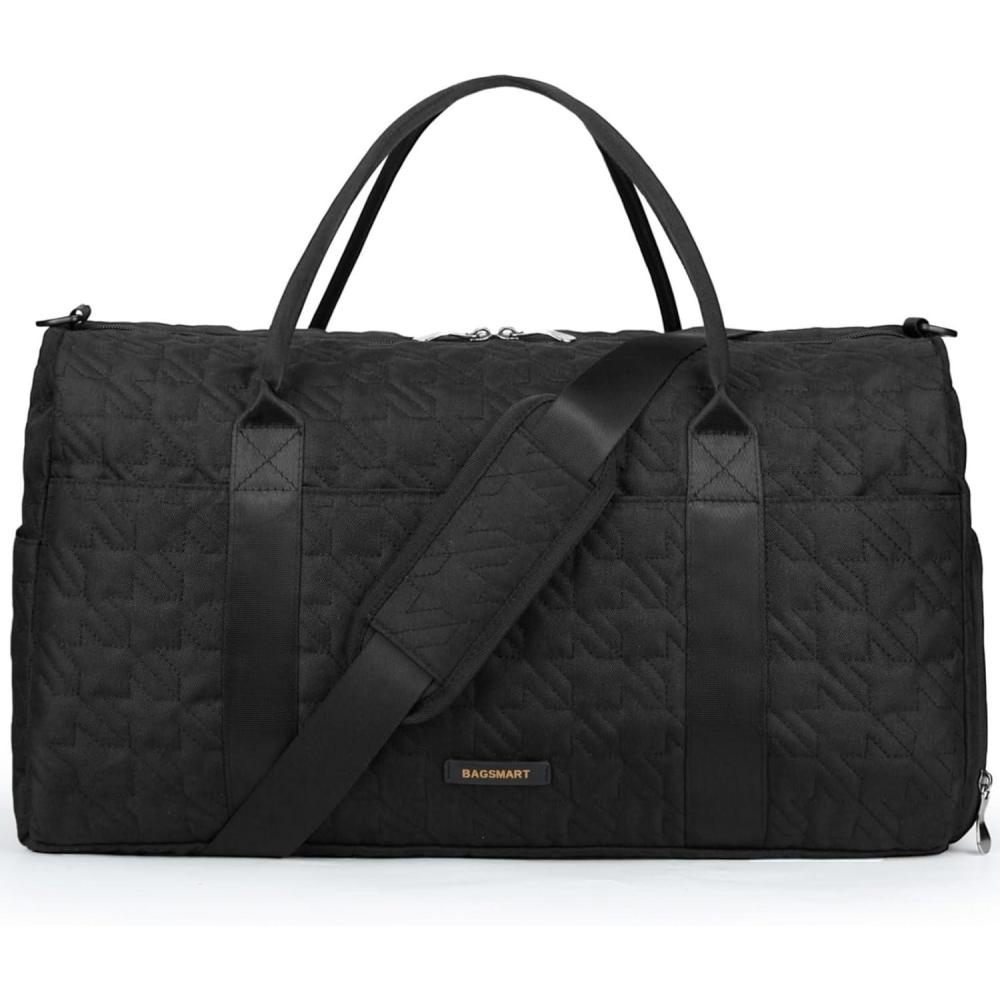 imageBAGSMART Black 40L Travel Duffle Bag with Shoes Compartment Carry On Weekender Overnight Bag for Men Women