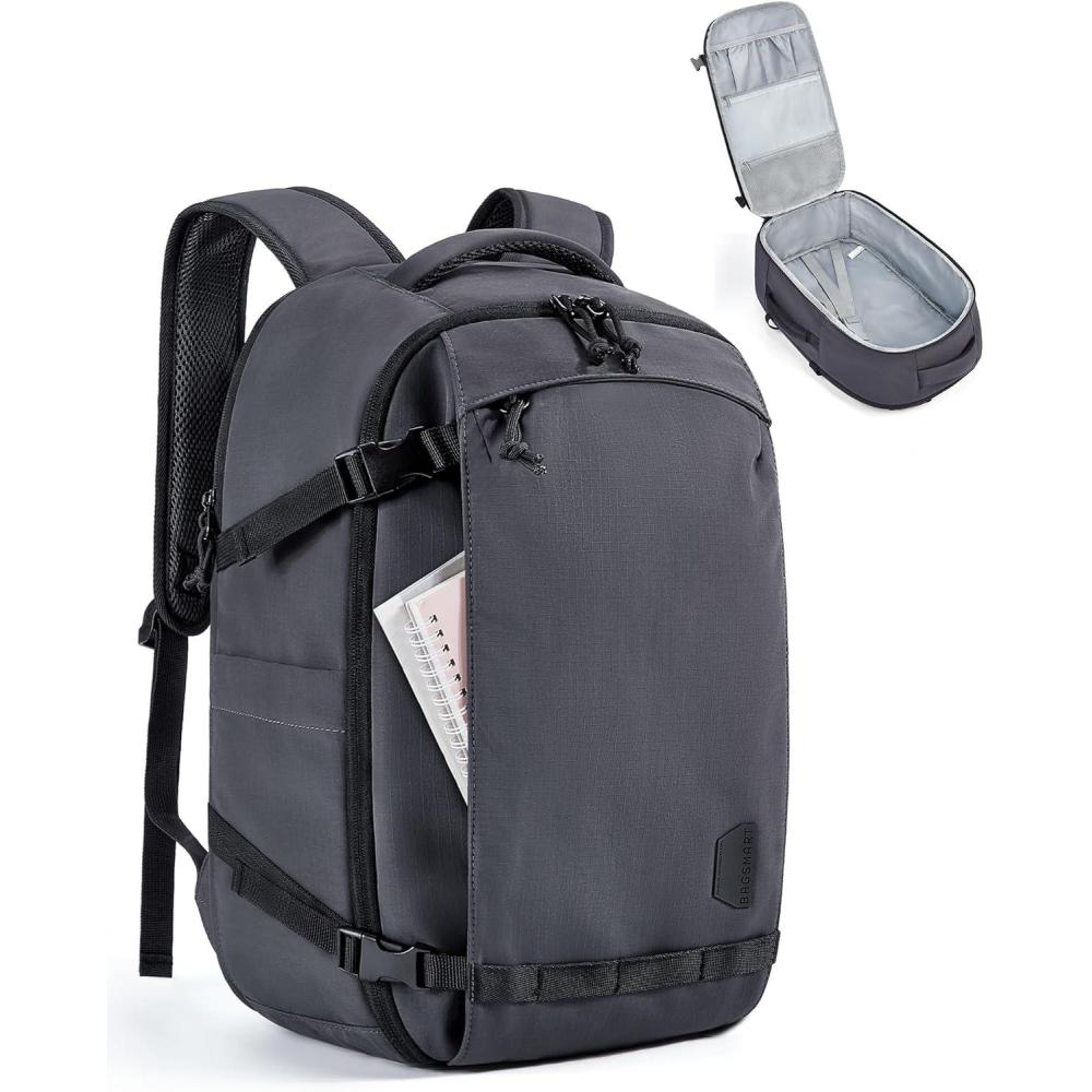 imageBAGSMART Blast Travel Backpack 156 Inch Carry On Backpack Flight Approved TSA Approved Personal Item Travel Bag Water Resistant Weekender Bag Luggage Daypack BeigeCharcoal