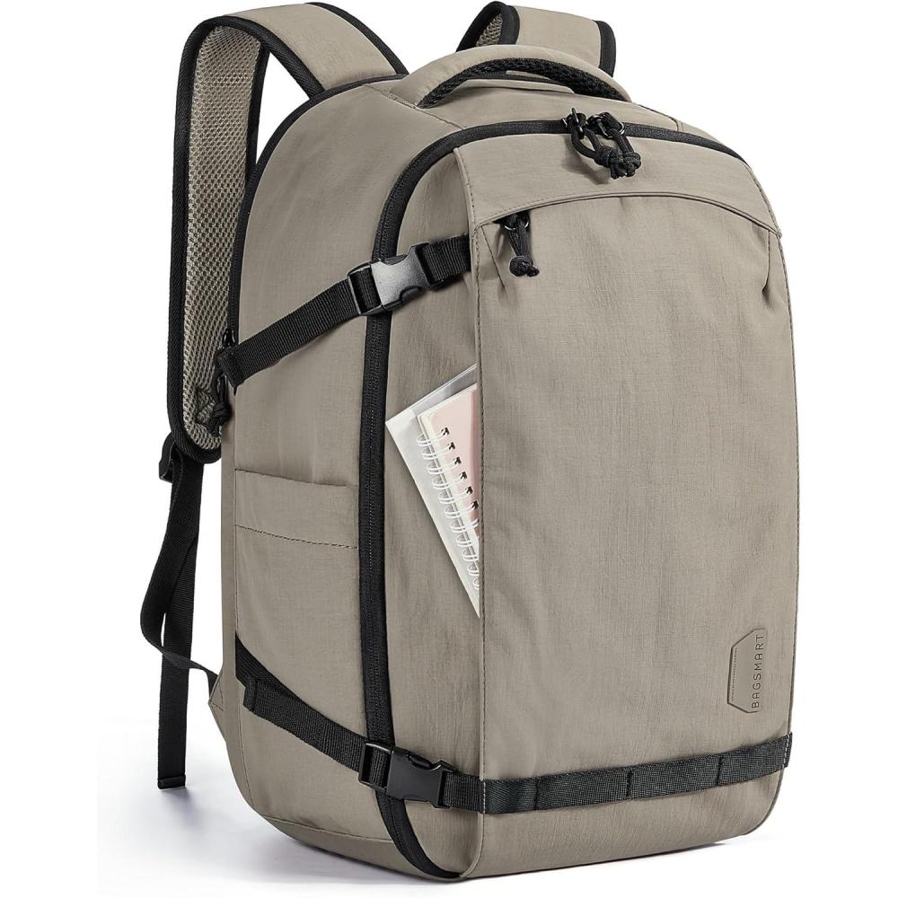 imageBAGSMART Blast Travel Backpack 156 Inch Carry On Backpack Flight Approved TSA Approved Personal Item Travel Bag Water Resistant Weekender Bag Luggage Daypack BeigeBrown