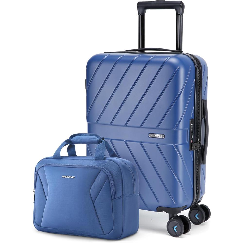imageBAGSMART Carry On Luggage 22x14x9 Airline Approved With TSA Lock 1OO Polycarbonate Hardside Luggage with Spinner Wheels Durable Hard Shell Carry On Suitcase 20 inch BlackNavy Blue