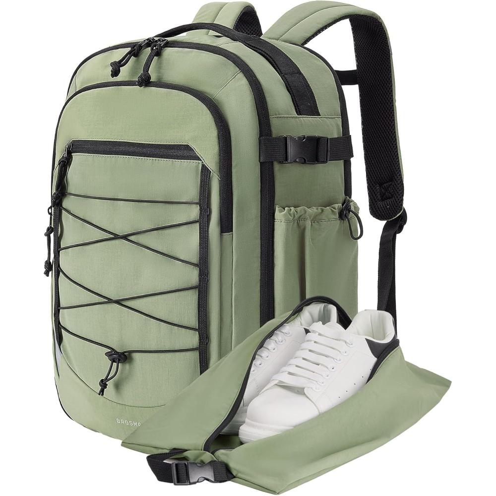 imageBAGSMART Carry On Travel Backpack 17 Inch Large Travel backpack Carry On Flight Approved Antitheft Personal Item Backpack Travel Bag With Shoe Bag 30L Water Resistant Casual Daypack BeigeGreen