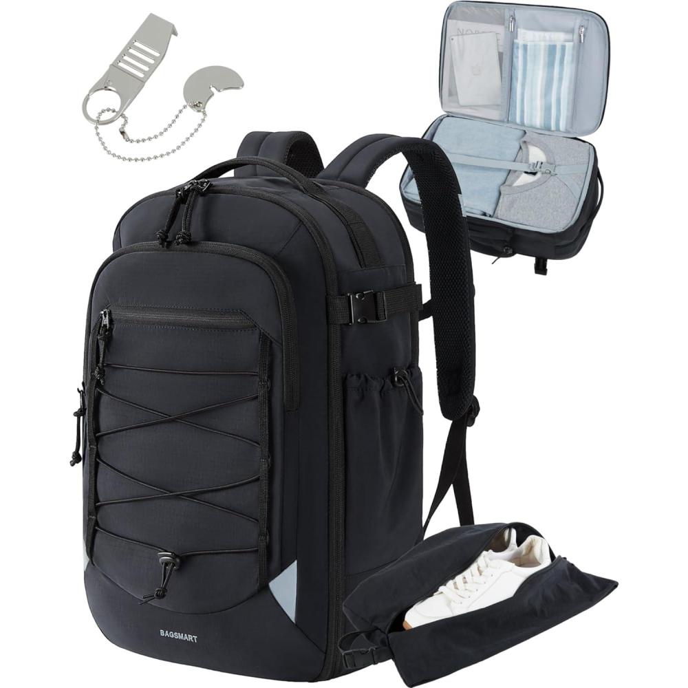 imageBAGSMART Carry On Travel Backpack 17 Inch Large Travel backpack Carry On Flight Approved Antitheft Personal Item Backpack Travel Bag With Shoe Bag 30L Water Resistant Casual Daypack BeigeBlack