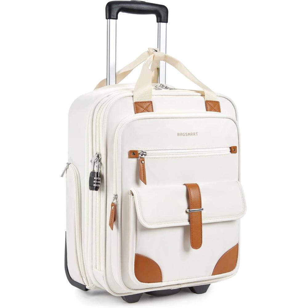 imageBAGSMART Carry on Luggage with Wheels 16inch Underseat Travel Suitcase Airline approved Lightweight Softside Carryon Luggage for Airplanes Women Overnight Rolling Bags for Short Trip Light BeigeBeige