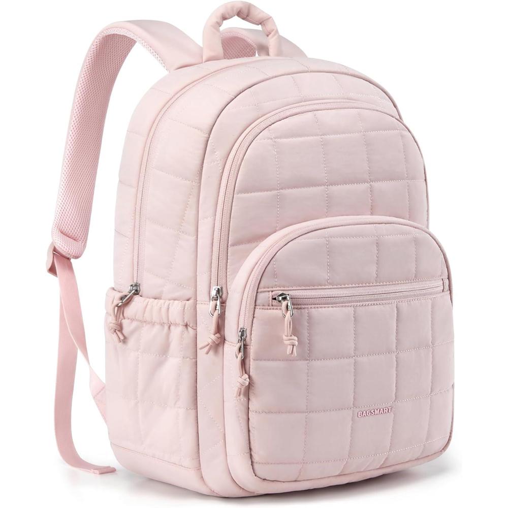 imageBAGSMART College Laptop Backpack Travel Backpack for Women Quilted Casual Daypack WaterResistant Bookbag for 156 Inch Laptop Black156 Incoral Pink