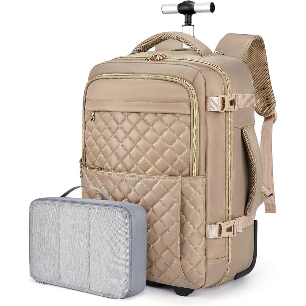 imageBAGSMART Rolling Backpack for Women Wheeled Backpack with Packing Cube Travel Back pack with Wheels Carry On Suitcase Bag 17 Inch Large Roller Daypack BlackChampagne