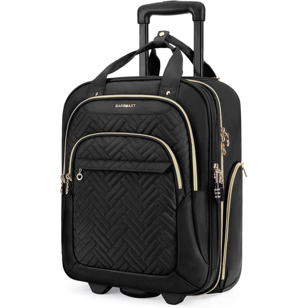 imageBAGSMART Underseat Carry On Luggage Airline approved16inch Small Underseater Softside Travel Suitcase with Wheels Lightweight Overnight Rolling Carryon Luggage for Women Men WeekenderBlackBlack