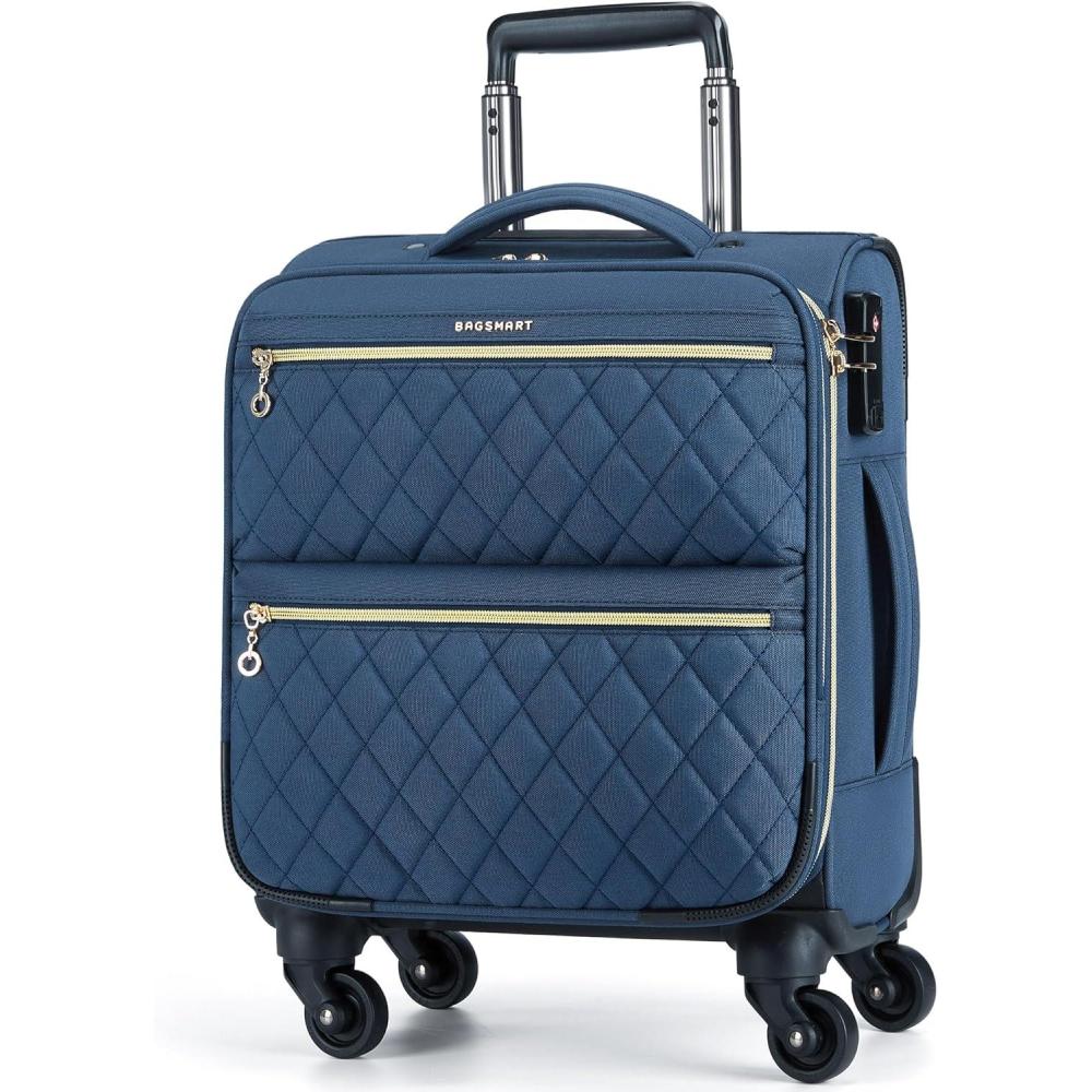 imageBAGSMART Underseater Carry On Luggage Airline Approved with Spinner Wheels 16 Inch Small Luggage with TSA Lock Overnight Small Rolling Softside Suitcases for Women Navy BlueUnderseatNavy Blue