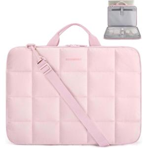 BAGSMART 15-15.6 Inch Laptop Case with Strap and Handle, Puffy Laptop Sleeve Bag for Women, Lightweight Protective MacBook Case Compatible with Dell, HP, Lenovo, MacBook Air/Pro, Beige(With Strap Baby Pink)