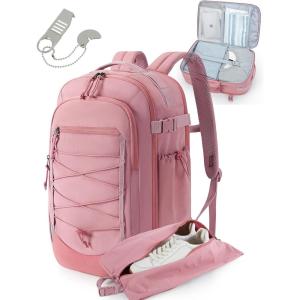 BAGSMART Carry On Travel Backpack, 17 Inch Large Travel backpack Carry On Flight Approved, Anti-theft Personal Item Backpack Travel Bag With Shoe Bag, 30L Water Resistant Casual Daypack, Beige(Pink)
