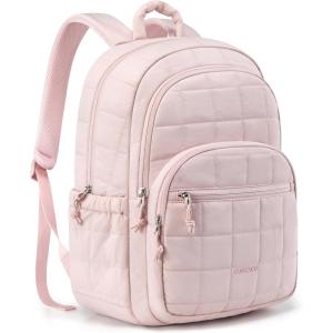 BAGSMART College Laptop Backpack, Travel Backpack for Women, Quilted Casual Daypack, Water-Resistant Bookbag for 15.6 Inch Laptop, Black(15.6 In-coral Pink)