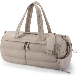 BAGSMART Puffer Gym Bag for Women, Lightweight Duffel with Shoe Compartment, Weekender Bags with Wet Pocket, Workout Overnight Carry on for Travel, Beige(Camel)