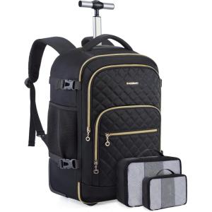 BAGSMART Rolling Backpack for Women, Travel Carry-On Backpack with Wheels, 17 Inch Large Roller Wheeled Daypack with Two Packing Cubes, Black(Black)