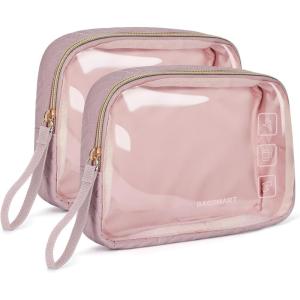 BAGSMART TSA Approved Toiletry Bag, 2 Pack Clear Makeup Cosmetic Bag Organizer, Quart Size Travel Bag for Toiletries, Carry-on Travel Accessories Essentials – Pink(Pink-2pcs)