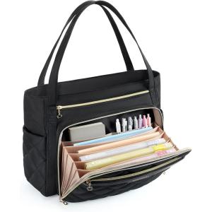 BAGSMART Teacher Tote Bag for Women 15.6in Quilted with Insulated Pocket & Nurse Bag Features (Black)(Black)