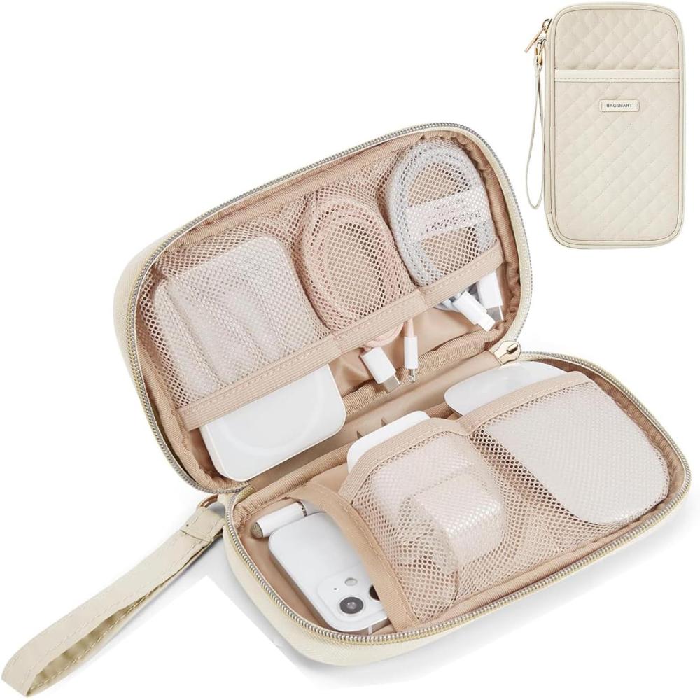 imageBAGSMART Electronic Cord Cable Organizer Travel Bag Case Double Layers Tech Electronic Bag Essentials for Charger Cable Phone Flash drive PinkSingle Layer Quilted Beige