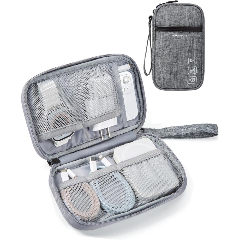 imageBAGSMART Electronic Cord Cable Organizer Travel Bag Case Double Layers Tech Electronic Bag Essentials for Charger Cable Phone Flash drive PinkSingle Layer Grey
