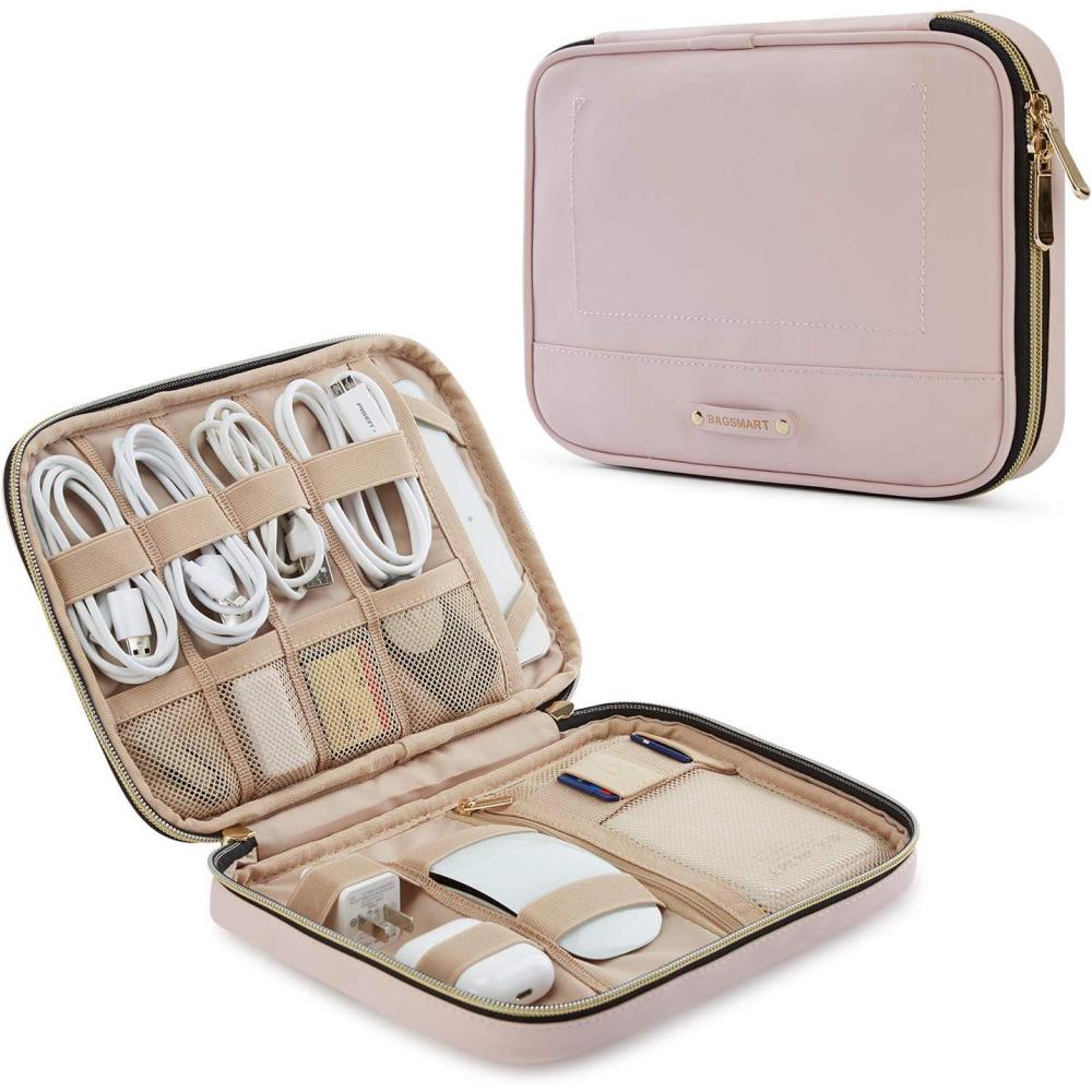 imageBAGSMART Electronic Organizer Large Travel Cable BagCord Organizer BagElectronics Accessories Cases for 79 iPad MiniiPhoneCablesChargersUSBSD CardLeatherPink