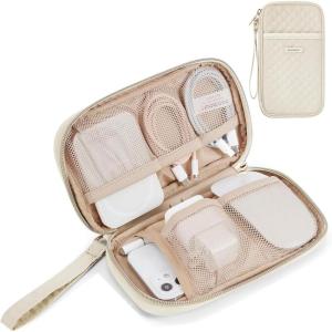 BAGSMART Electronic Cord Cable Organizer Travel Bag Case, Double Layers Tech Electronic Bag, Essentials for Charger, Cable, Phone, Flash drive, Pink(Single Layer Quilted Beige)