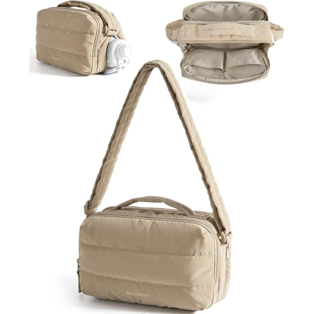imageBAGSMART Puffy Water Bottle Crossbody Bags for Women Small Cross body Purse With Bottle Holder Hobo Handbag for Travel35lcamel