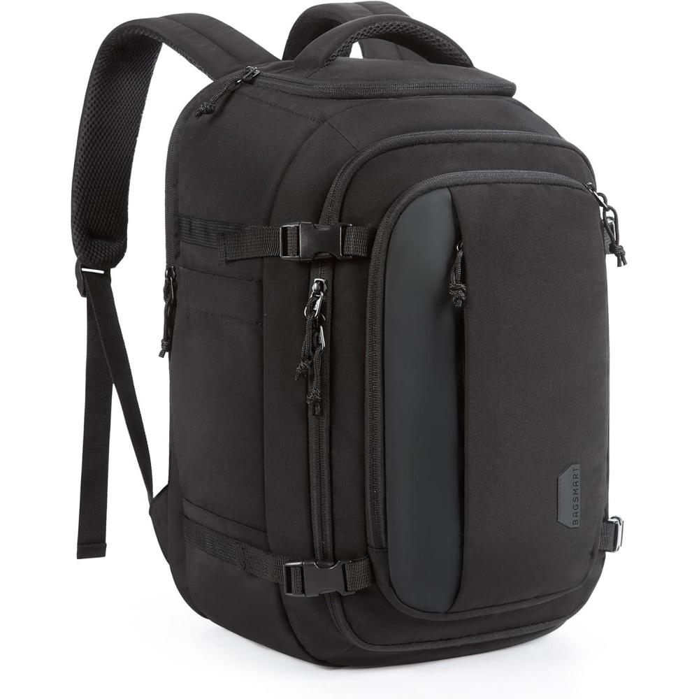 imageBAGSMART Travel Backpack Carry on Flight Approved 28L Lightweight Backpack Fits 173 Inch Laptop for Men Women Water Resistant Personal Item Travel Bag with USB Charging Port BlackBlack
