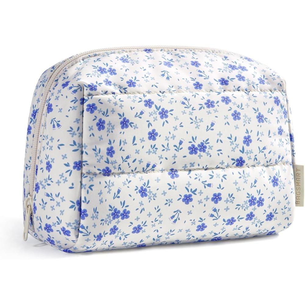 imageBAGSMART Elegant Roomy Makeup Bags InitialKPinkBlue Ditsy Floral