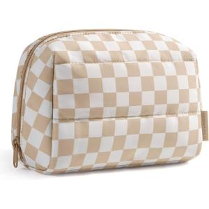 BAGSMART Elegant Roomy Makeup Bags (Initial-K-Pink)(Khaki Checkered)