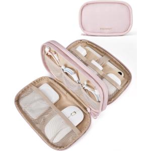 BAGSMART Travel Cord Organizer Electronics Case, Puffer Cable Organizer Bag Travel Essentials for Women, Small Tech Organizer Travel Case for Charger, Cable, Phone, Flash Drive Black(A-Double Layer Pink)