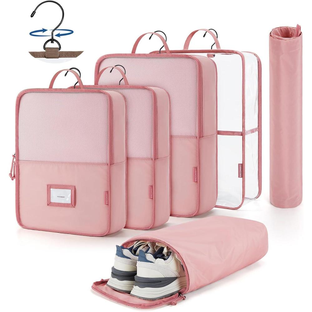 imageBAGSMART Hanging Packing Cubes for Travel 6 Set Clear Waterproof Packing Cubes for Suitcases Storage Organizer for Hanging Closet with Zipper Handles and Hook Baby PinkBaby Pink