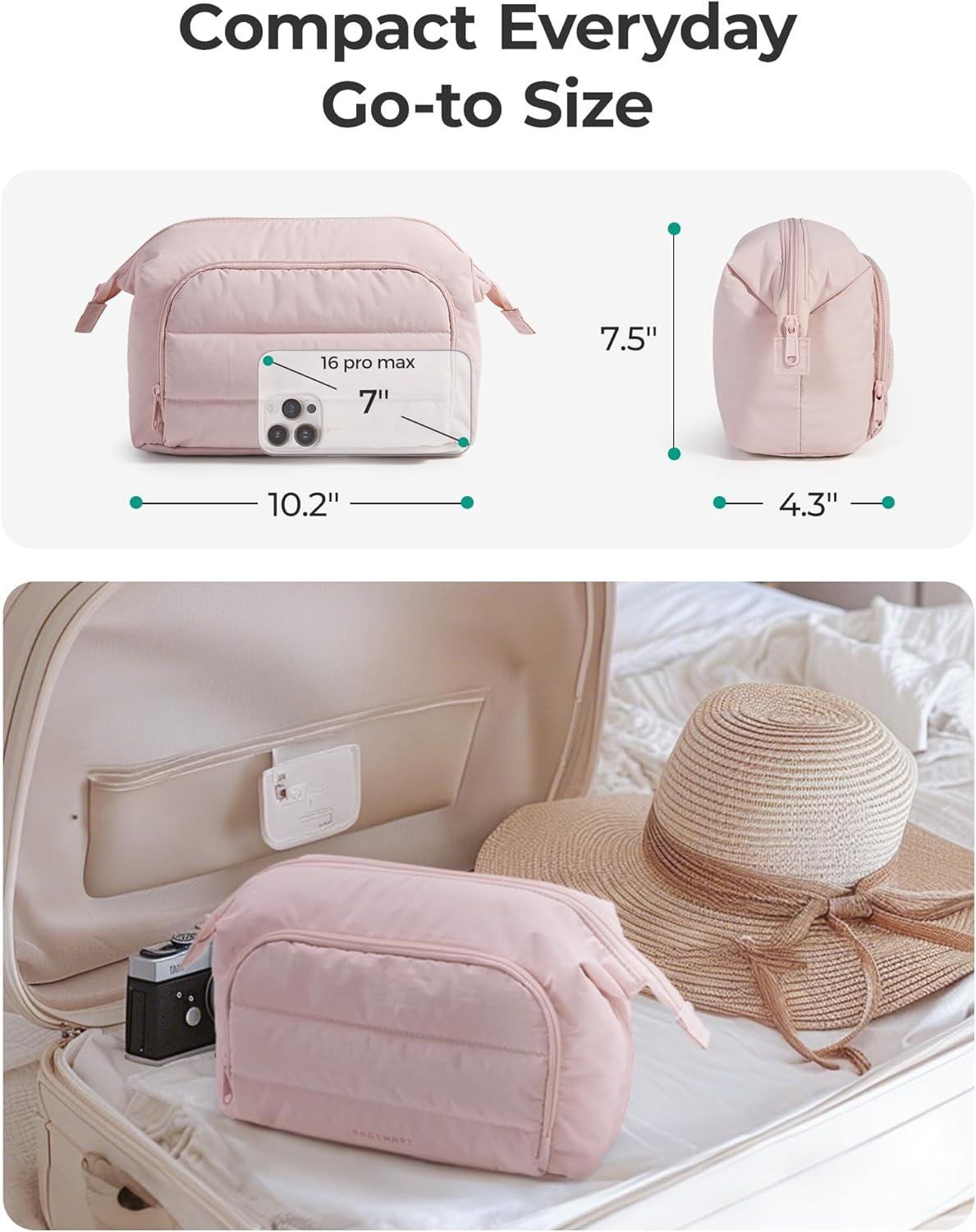 imageBAGSMART Makeup Bag Travel Toiletry Bag Puffy Padded Make Up Bags for Women Makeup Organizer Wideopen Pouch Purse Travel Essentials for Toiletries Accessories Brushes CamelBrownBrown