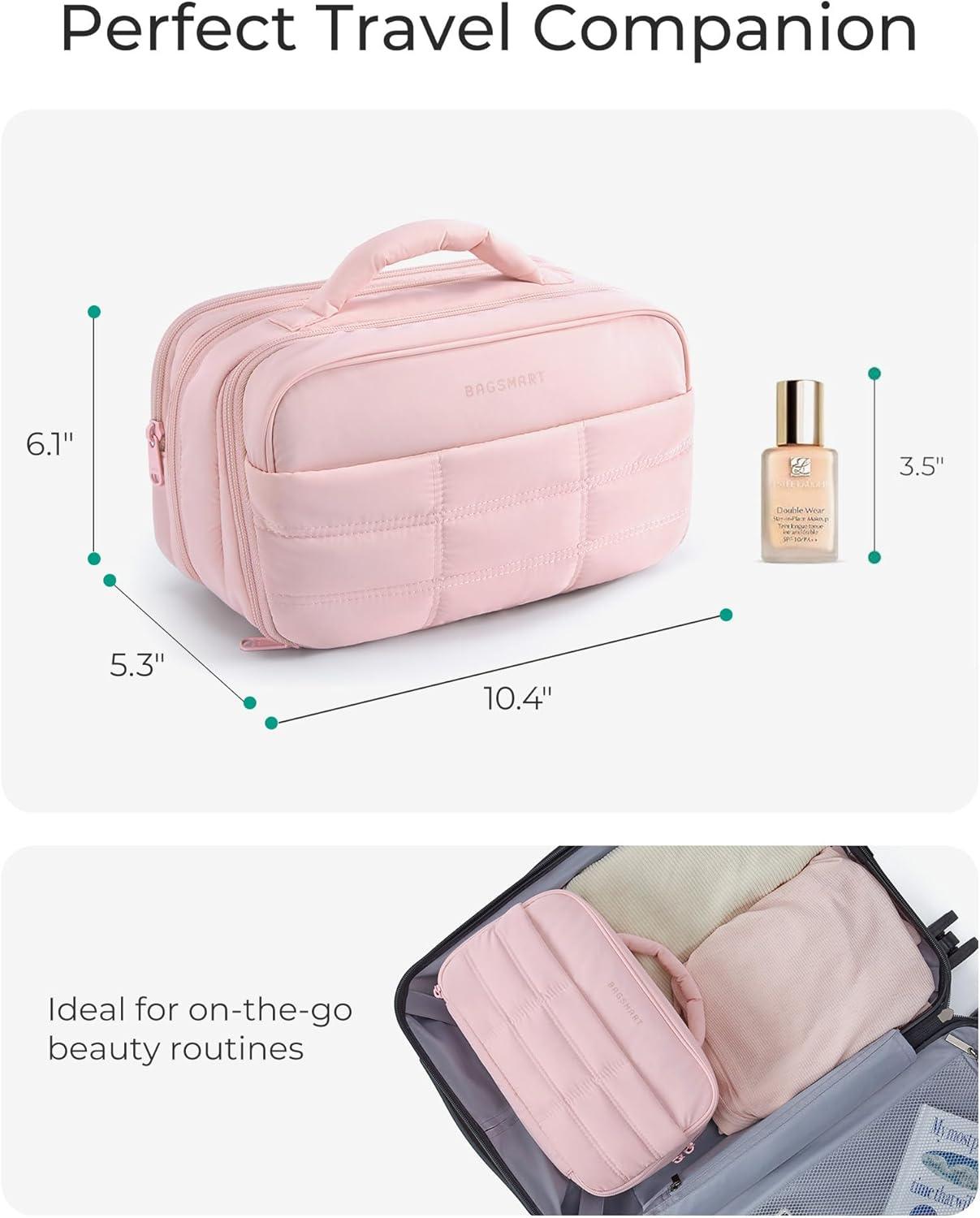 imageBAGSMART Toiletry Bag for Women Travel Makeup Bag Wideopen Portable Make Up Bag Organizer for Women for Travel Essentials TravelSize Toiletries Accessories Bottles Brushes KhakiKhaki
