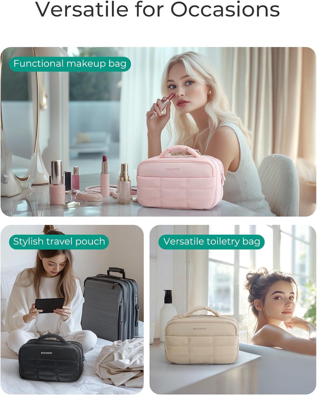 imageBAGSMART Toiletry Bag for Women Travel Makeup Bag Wideopen Portable Make Up Bag Organizer for Women for Travel Essentials TravelSize Toiletries Accessories Bottles Brushes KhakiKhaki