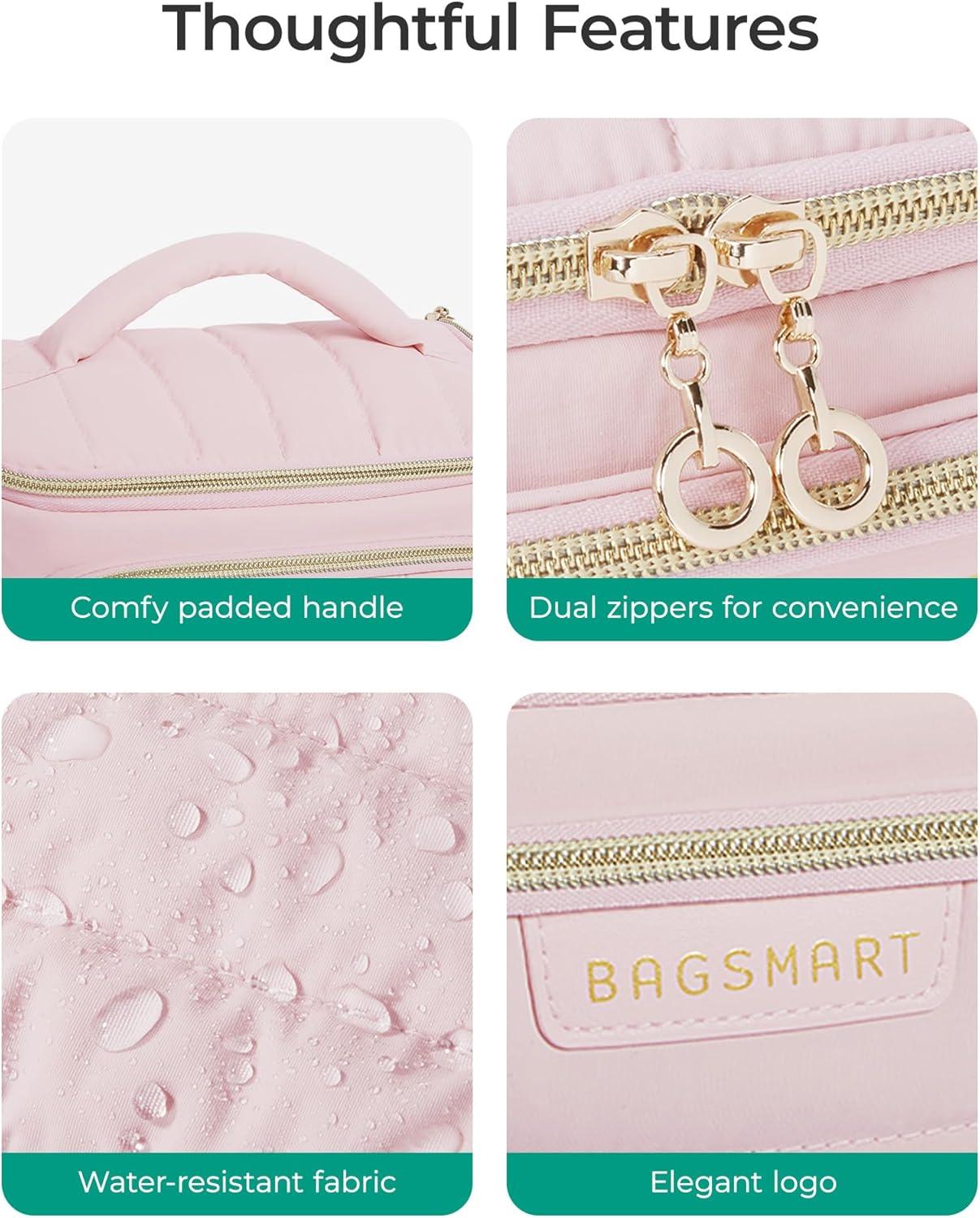 imageBAGSMART Travel Makeup Bag with Jewelry Organizer Portable Make Up Bag Puffy WideOpening Cosmetic Storage Pouch for Womens Toiletries and Travel Essentials Baby PinkBaby Pink
