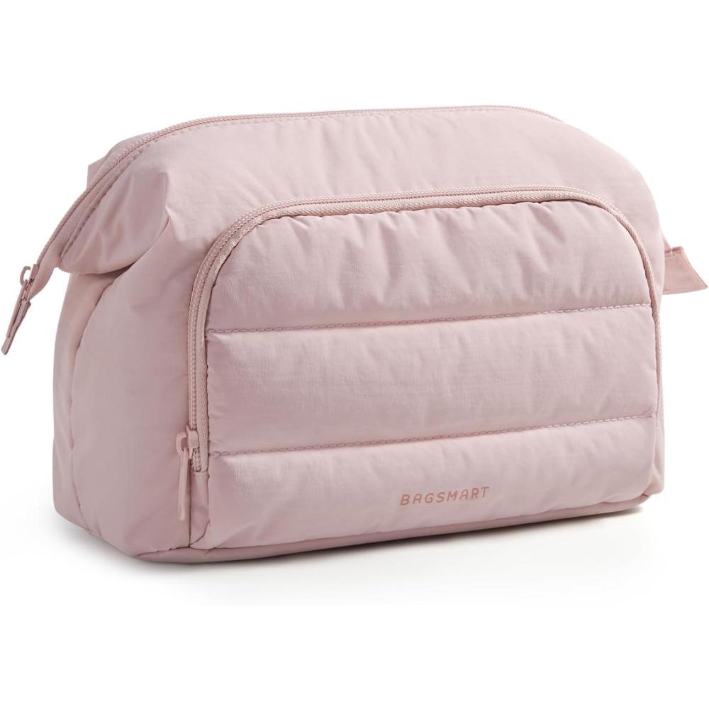 imageBAGSMART Makeup Bag Travel Toiletry Bag Puffy Padded Make Up Bags for Women Makeup Organizer Wideopen Pouch Purse Travel Essentials for Toiletries Accessories Brushes CamelBrownPink