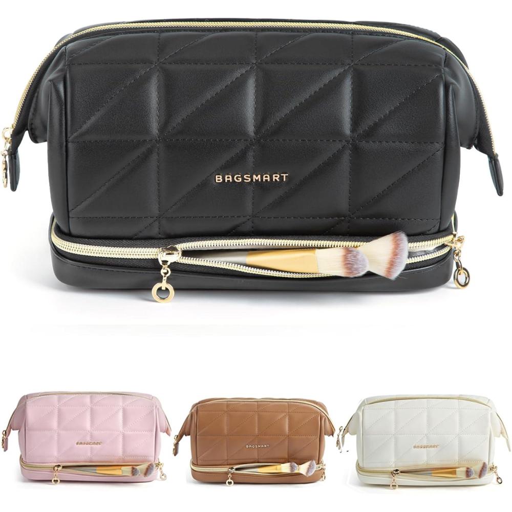 imageBAGSMART Travel Makeup Bag PU Leather Waterproof Cosmetic Bags Makeup Bags for Women Large Capacity Make up Bag Wideopen Makeup Pouch for Travel Essentials Bottles Brushes Black