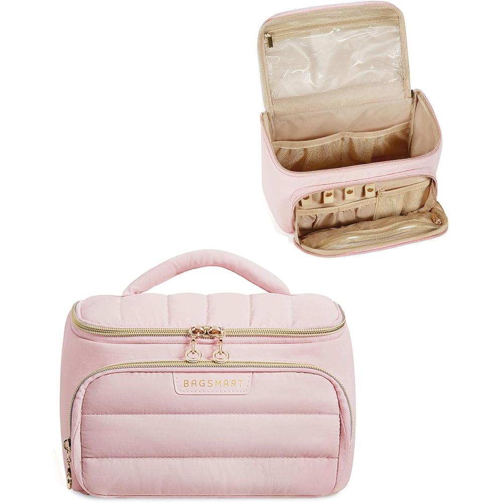 imageBAGSMART Travel Makeup Bag with Jewelry Organizer Portable Make Up Bag Puffy WideOpening Cosmetic Storage Pouch for Womens Toiletries and Travel Essentials Baby PinkBaby Pink