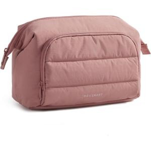 BAGSMART Makeup Bag Travel Toiletry Bag, Puffy Padded Make Up Bags for Women, Makeup Organizer Wide-open Pouch Purse, Travel Essentials for Toiletries Accessories Brushes, Camel(Brown)(Dark Pink)
