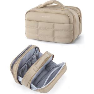 BAGSMART Toiletry Bag for Women, Travel Makeup Bag, Wide-open Portable Make Up Bag Organizer for Women for Travel Essentials Travel-Size Toiletries Accessories Bottles, Brushes, Khaki(Khaki)