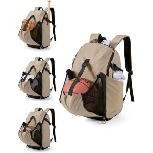 BAGSMART Basketball Bag with Shoes Compartment, Basketball Backpack with Ball Holder, Functional Gym Bag for Velleyball, Soccer & Baseball(Light Brown)