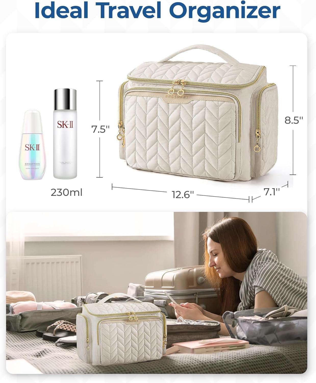 imageBAGSMART Travel Toiletry Bag Large Wideopen Travel Bag for Toiletries Makeup Cosmetic Travel Bag with HandleBlackBeige