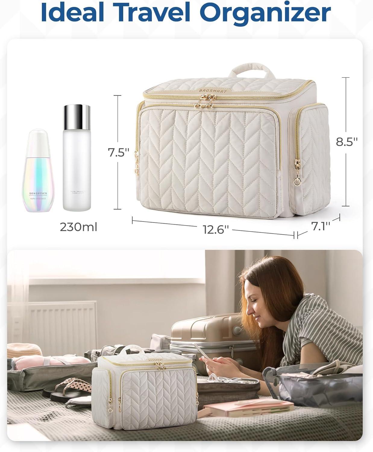 imageBAGSMART Travel Toiletry Bag Large Wideopen Travel Bag for Toiletries Makeup Cosmetic Travel Bag with HandleBlackPurple