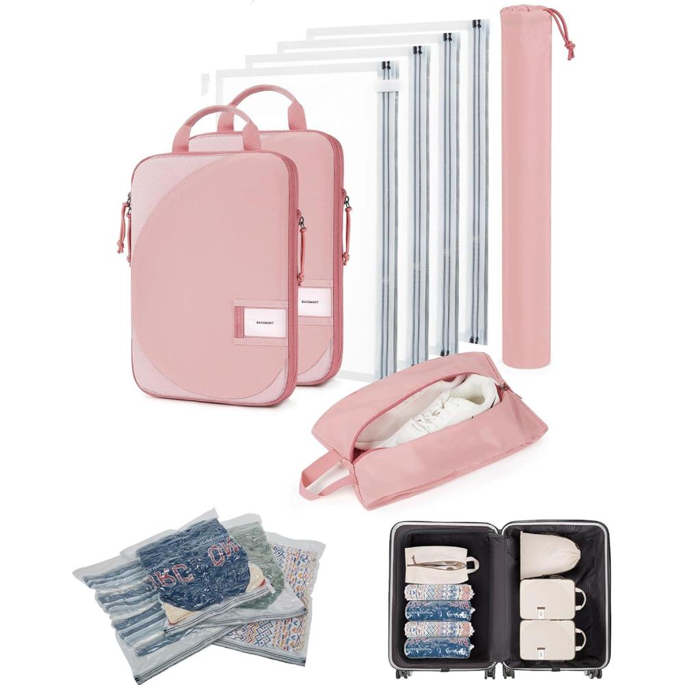 imageBAGSMART 8 Pcs Compression Packing Bags Set with 4 Pack Vacuum Bags Storage for Cruise Travel Essentials Handrolled Space Saver Vacuum Storage Bags Baby Pink