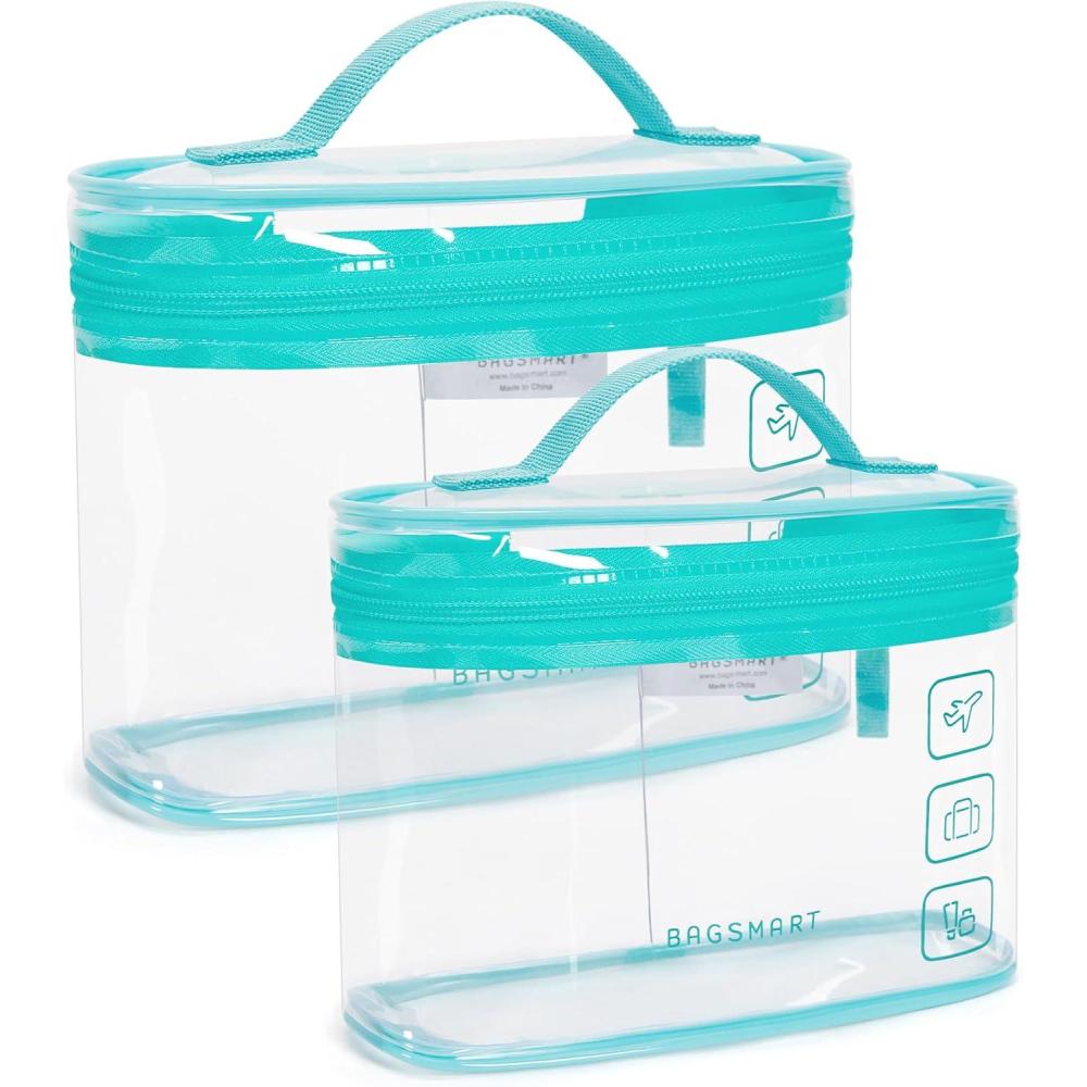 imageBAGSMART TSA Approved Toiletry Bag 2 Pack Clear Makeup Cosmetic Bag Organizer Quart Size Travel Bag for Toiletries Carryon Travel Accessories Essentials Pink2pcsGreen