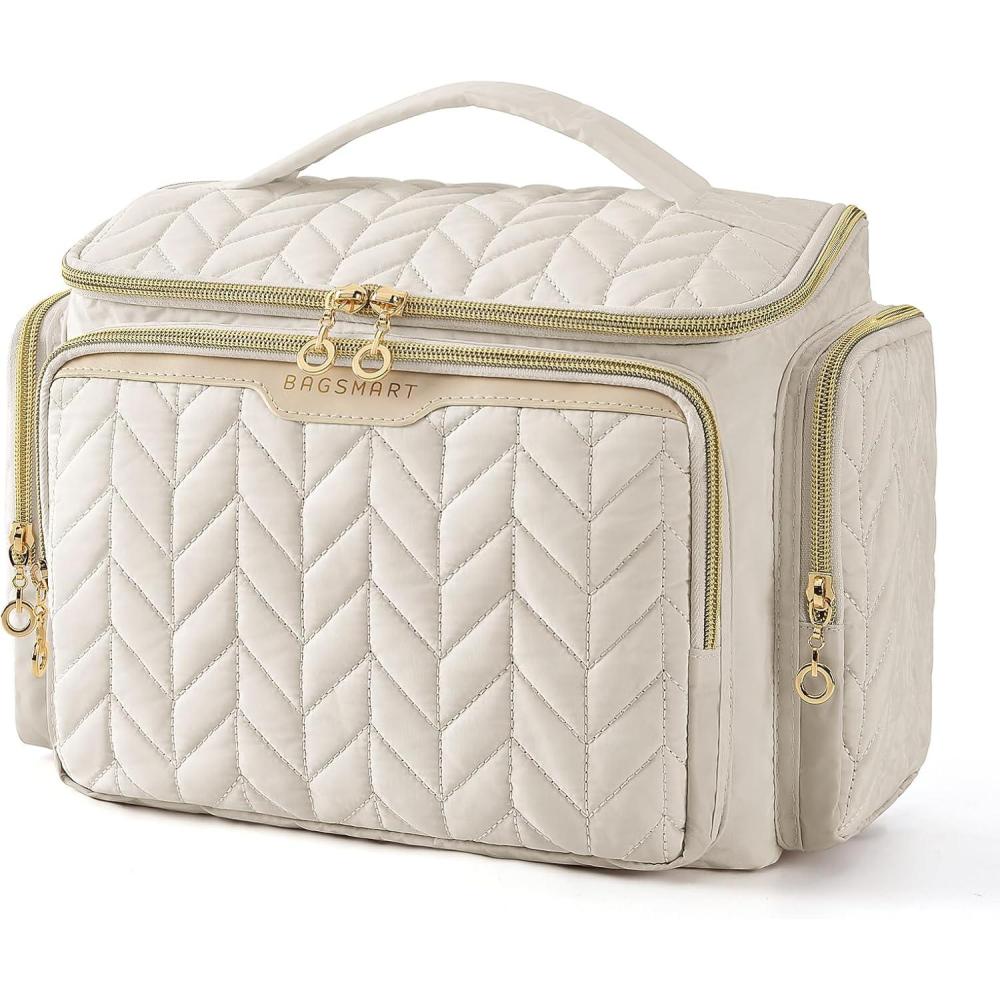 imageBAGSMART Travel Toiletry Bag Large Wideopen Travel Bag for Toiletries Makeup Cosmetic Travel Bag with HandleBlackBeige
