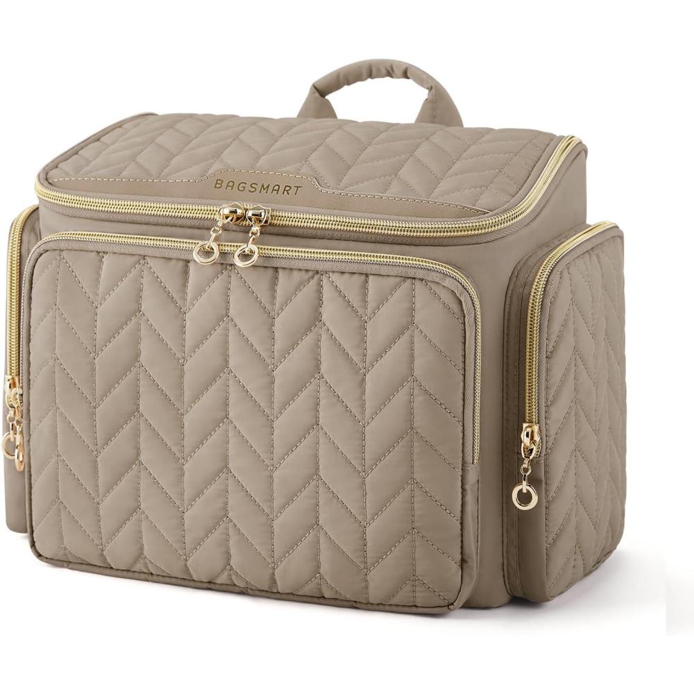 imageBAGSMART Travel Toiletry Bag Large Wideopen Travel Bag for Toiletries Makeup Cosmetic Travel Bag with HandleBlackCamel