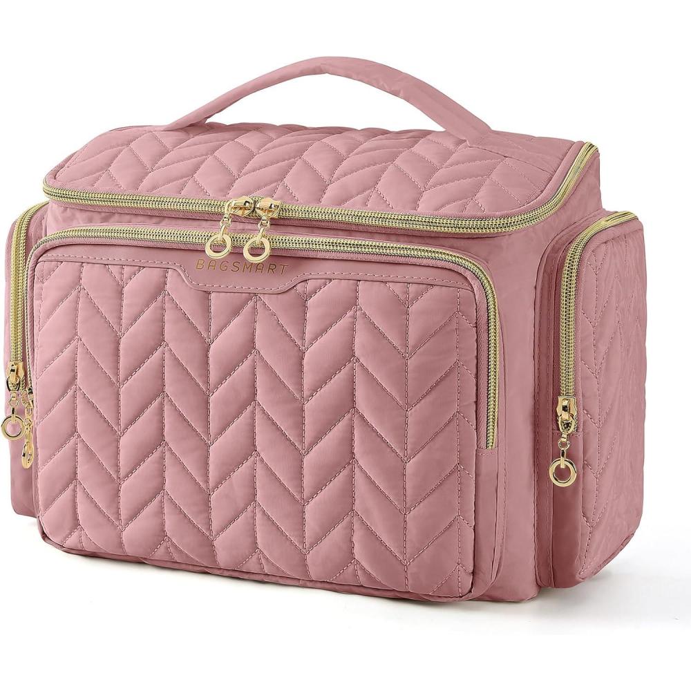 imageBAGSMART Travel Toiletry Bag Large Wideopen Travel Bag for Toiletries Makeup Cosmetic Travel Bag with HandleBlackDark Pink