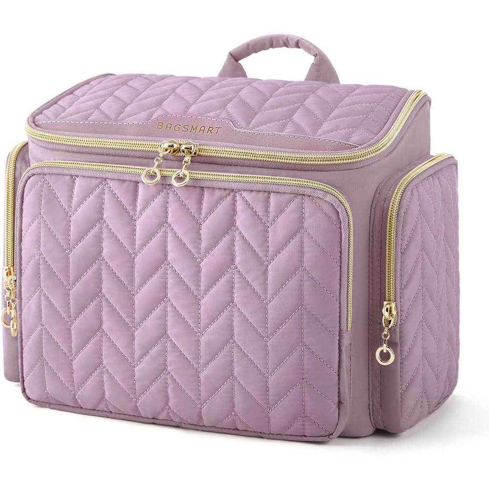 imageBAGSMART Travel Toiletry Bag Large Wideopen Travel Bag for Toiletries Makeup Cosmetic Travel Bag with HandleBlackPurple